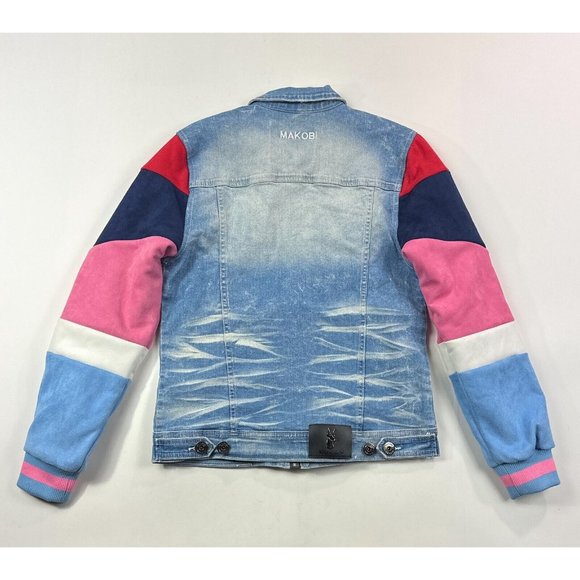 Makobi Mens Small Full Zip Denim Jean Jacket Blue Pink White Distressed M1010 - Picture 2 of 11